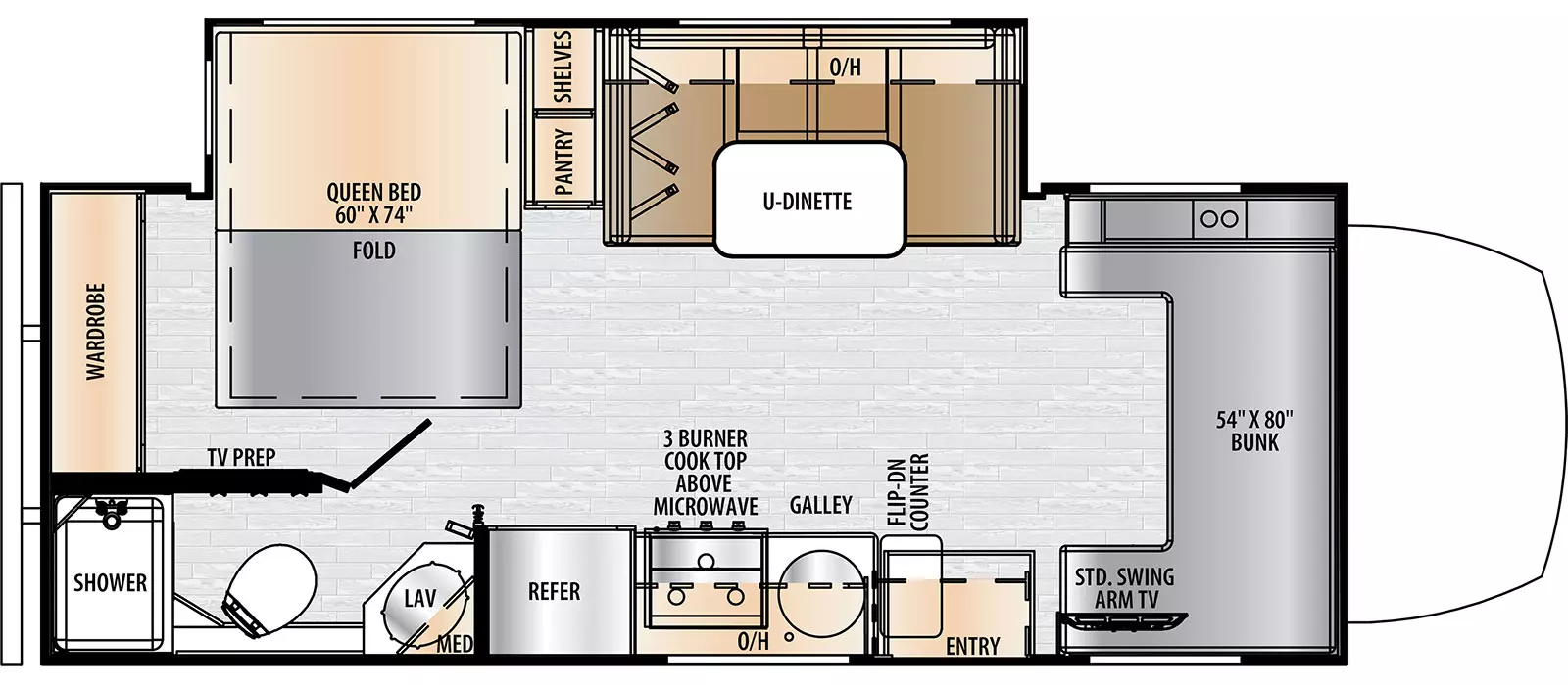 The Entrada M-Class 24FM floorplan has one entry and one slide out. Exterior features include: 16’ awning. Interiors features include: rear bedroom and u-dinette.